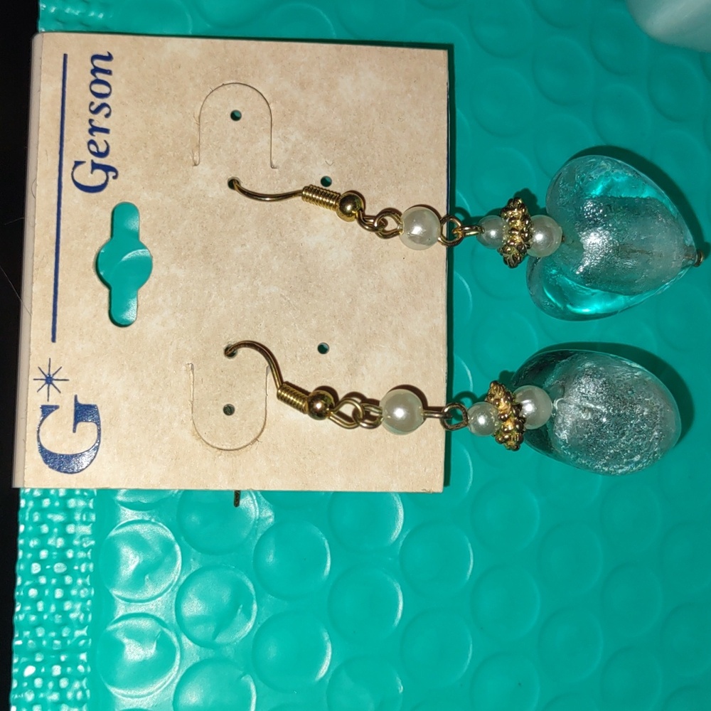 Aqua Glass Heart Dangle Earrings - Picture 5 of 7